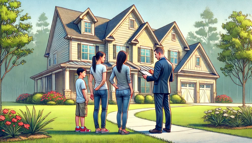 A family inspecting a house with their Realtor in Alpharetta, GA, walking around a spacious suburban home with a large yard.