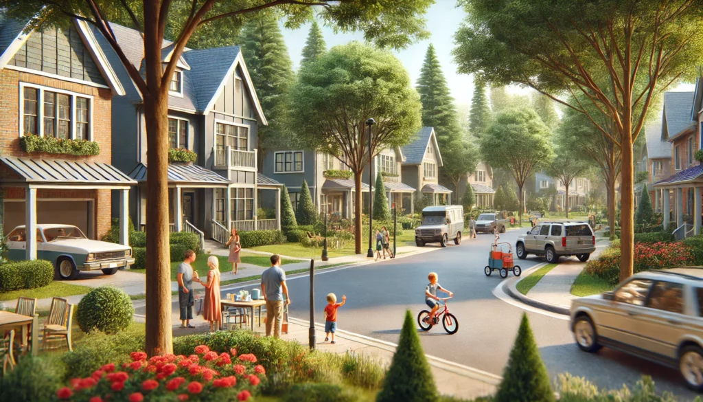 A realistic scene of suburban living in Alpharetta, GA in 2024, featuring well-maintained homes, tree-lined streets, and families outdoors.