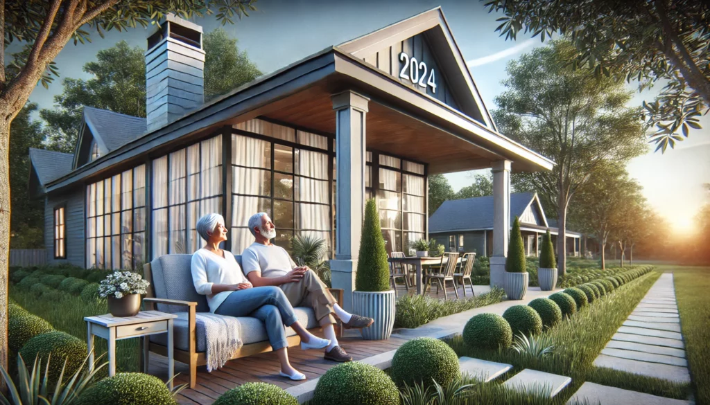 A retired couple relaxing on the porch of a modern suburban home in Alpharetta, GA, surrounded by peaceful greenery.