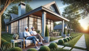 A retired couple relaxing on the porch of a modern suburban home in Alpharetta, GA, surrounded by peaceful greenery.